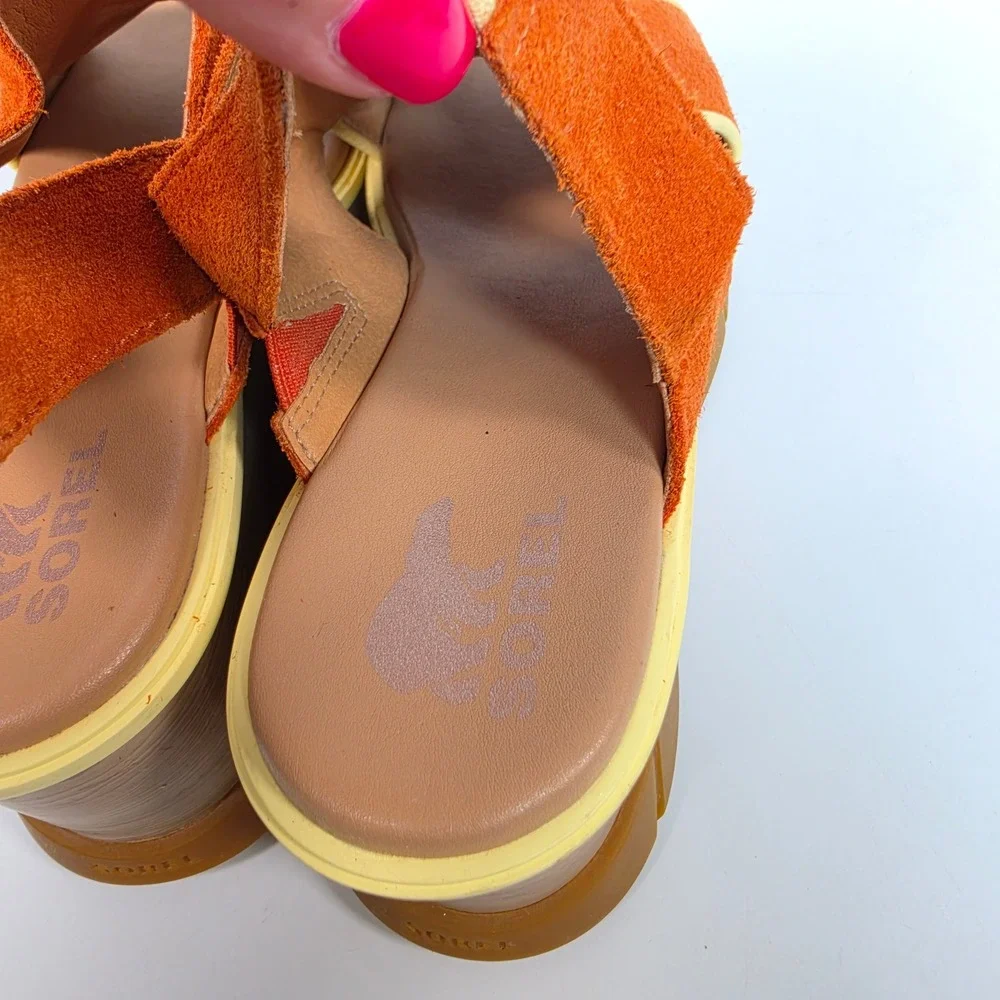 SOREL Joanie III Slingback Wedge Sandals Women's 8.5 Orange Suede Chunky Retro